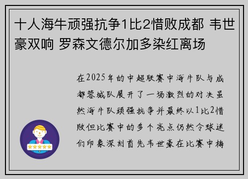 十人海牛顽强抗争1比2惜败成都 韦世豪双响 罗森文德尔加多染红离场