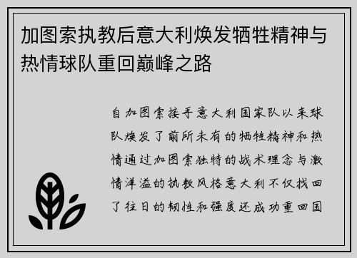 加图索执教后意大利焕发牺牲精神与热情球队重回巅峰之路
